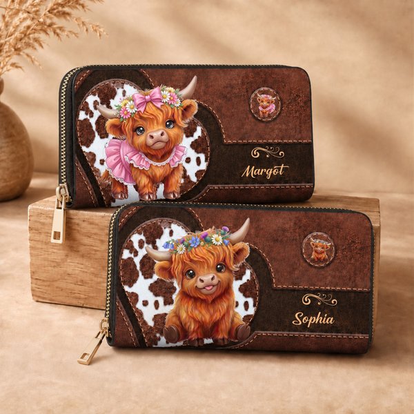 Personalized Cute Cartoon Highland Cow Pattern PU Leather Wallet with Name Daily Use Birthday Anniversary Gift for Her Highland Cow Enthusiast