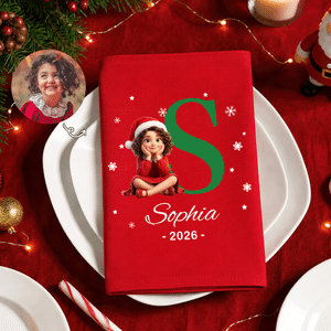Personlig servett med 3D-effekt, tecknad figur, bokstav, röd, jultema, med namn – bordsdekoration och julklapp till familj och vänner