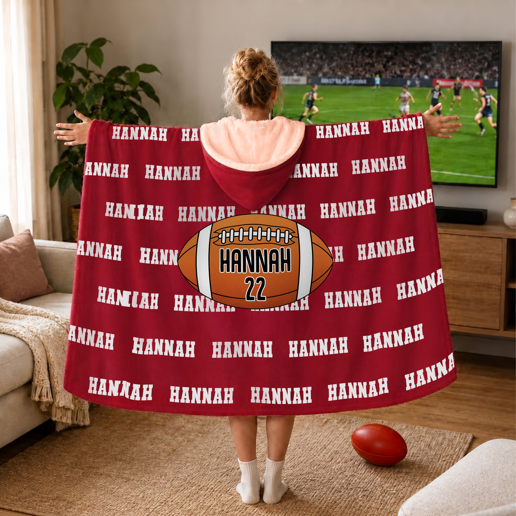 Individuell gestaltete, weiche Kapuzen-Decke mit mehrfarbigem American-Football-Muster, mit Namen und Nummer – Geburtstagsgeschenk für Kinder, Familie und Freunde am Spieltag