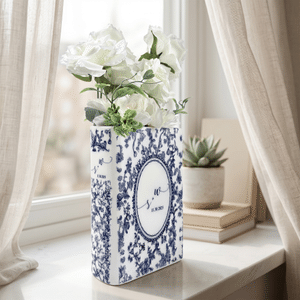 Personalized Vintage Toile De Jouy Ceramic Book Vase with Initial and Date Wedding Bridal Party Gift for Bride Newlyweds Couple
