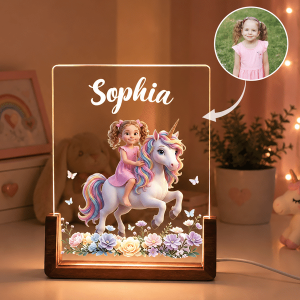 Personalized Fantasy Unicorn Photo Flower 3D-Style Character Artwork Acrylic LED Night Light with Name Birthday Christmas Gift for Best Friend Kid