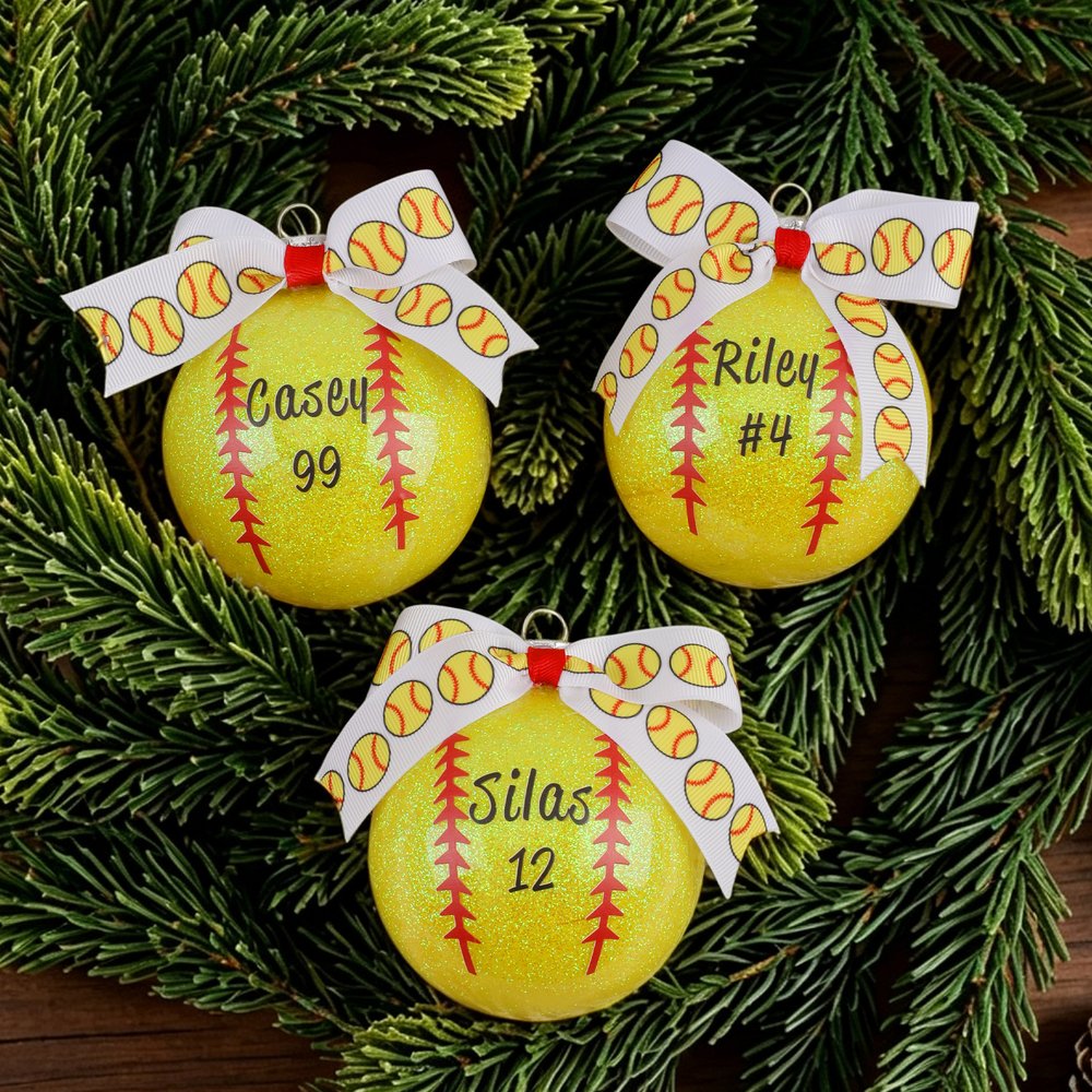 Personalised Softball Bow Ornament with Name and Number Home Tree Decor Sports Team Christmas Gift for Softball Players Lovers 3