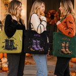 Personalized Witch Boots Bat Halloween Theme Large Capacity Corduroy Tote Bag with Name Daily Use Halloween Gift for Women Friends