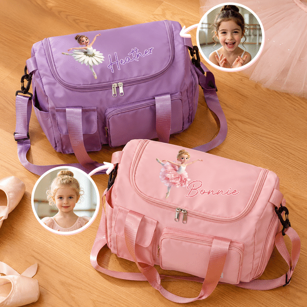 Personalized 3D-Style Artwork Ballet Girl Photo Birth Flower Large Travel Bag with Name and Shoulder Strap Travel Birthday Gift for Ballet Lover Girl