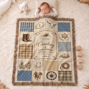 Manta suave personalizada de estilo vaquero y vaquera, con diseño de patchwork y borlas, con nombre y fecha; decoración para la habitación del bebé; regalo para baby shower y cumpleaños, tanto para ni