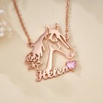 Personalised Hollow Horse Rose Sterling Silver Necklace with Name and Birthstone Dainty Jewellery Birthday Gift for Horse Lovers