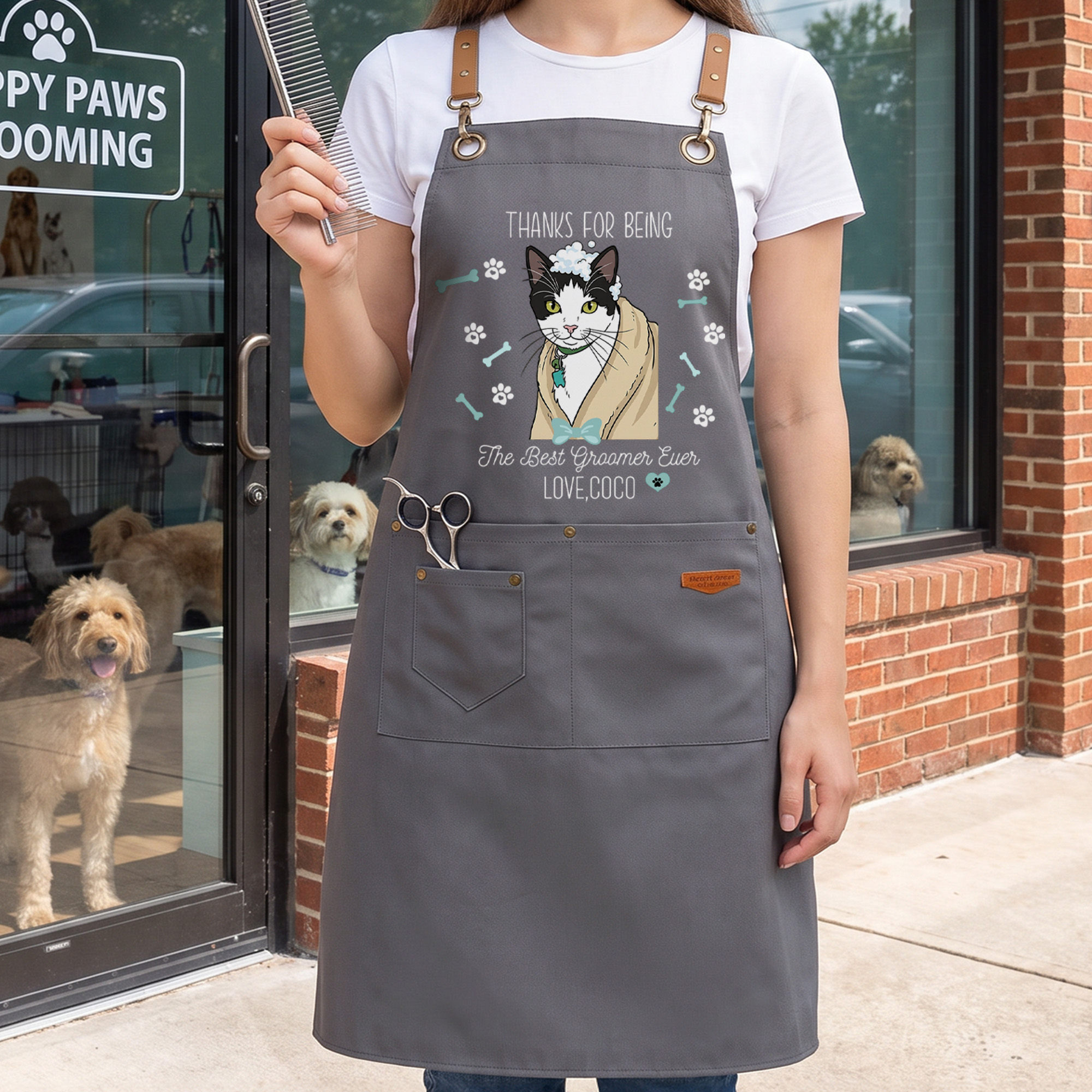 Personalisierte Schürze mit Tierfoto und Namensaufdruck – „Danke, dass du der beste Tierpfleger aller Zeiten bist“ – Verstellbare Schürze als Geburtstagsgeschenk für Tierpfleger