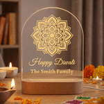Personalized Happy Diwali Diya Calendula LED Acrylic Night Light with Text Family Name and Wooden Base Home Decor Religious Gift for Family Friends