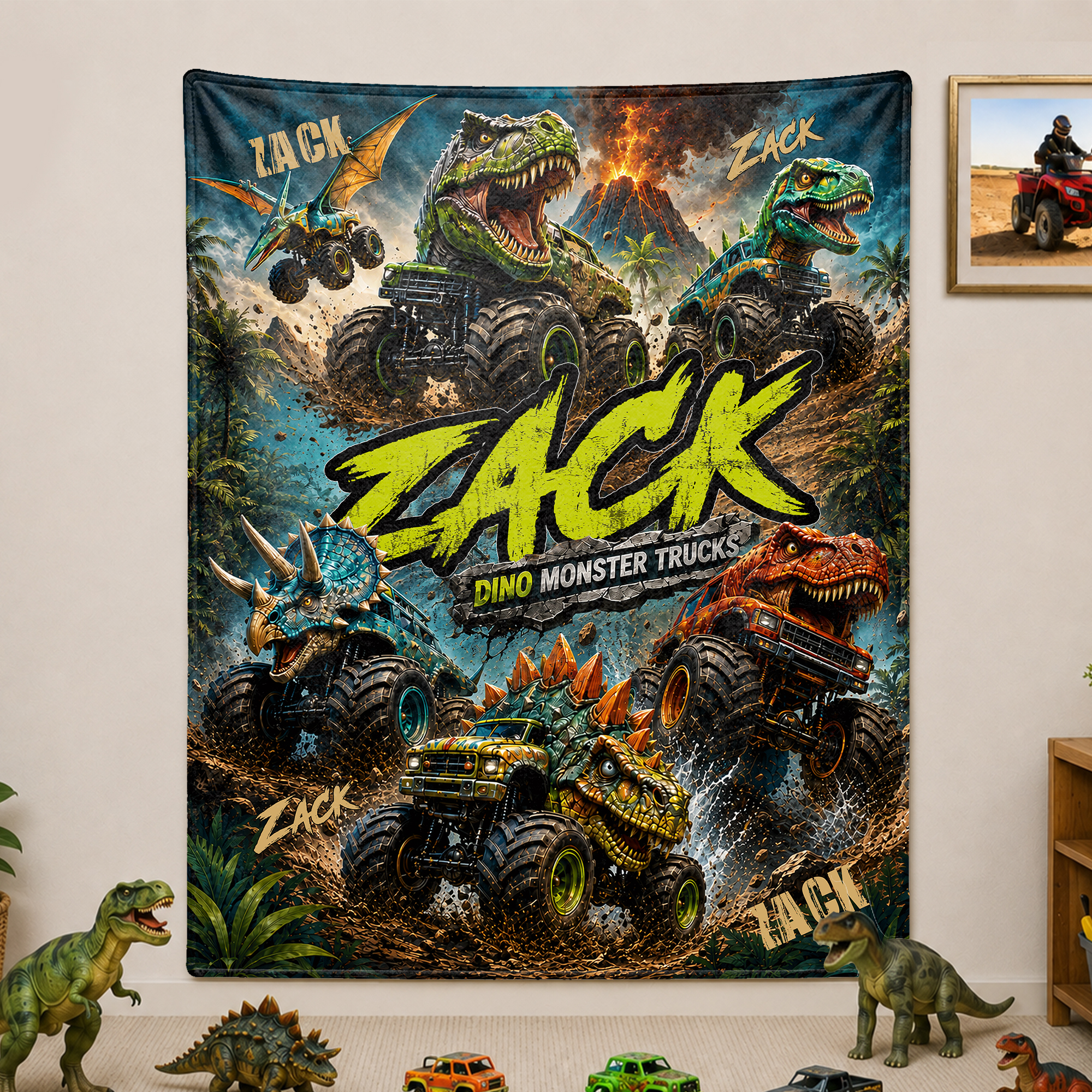 Individuell gestaltete, weiche Kuscheldecke „Dinosaurier-Offroad-Truck im Waldabenteuer“ mit Namen – Wohnaccessoire und Geburtstagsgeschenk für Jungen, die Dinosaurier-Trucks lieben