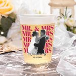 Personalized Mr Mrs Black and White Photo Frosted Plastic Cups with Name and Date Set of 10 Wedding Party Anniversary Gift for Couple