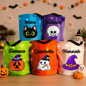 Personalised Ghost Pumpkin Halloween Theme Pattern Design LED Light Trick or Treat Bag with Name Halloween Party Gift for Kid