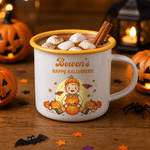 Taza esmaltada personalizada con personaje de dibujos animados de Halloween y nombre: regalo de Halloween para niños, ideal para tomar algo a diario
