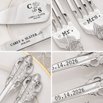 Personalized Retro Stainless Steel Cake Forks Knife Server Cutting Set with Name and Date Wedding Anniversary Gift for Bride Groom