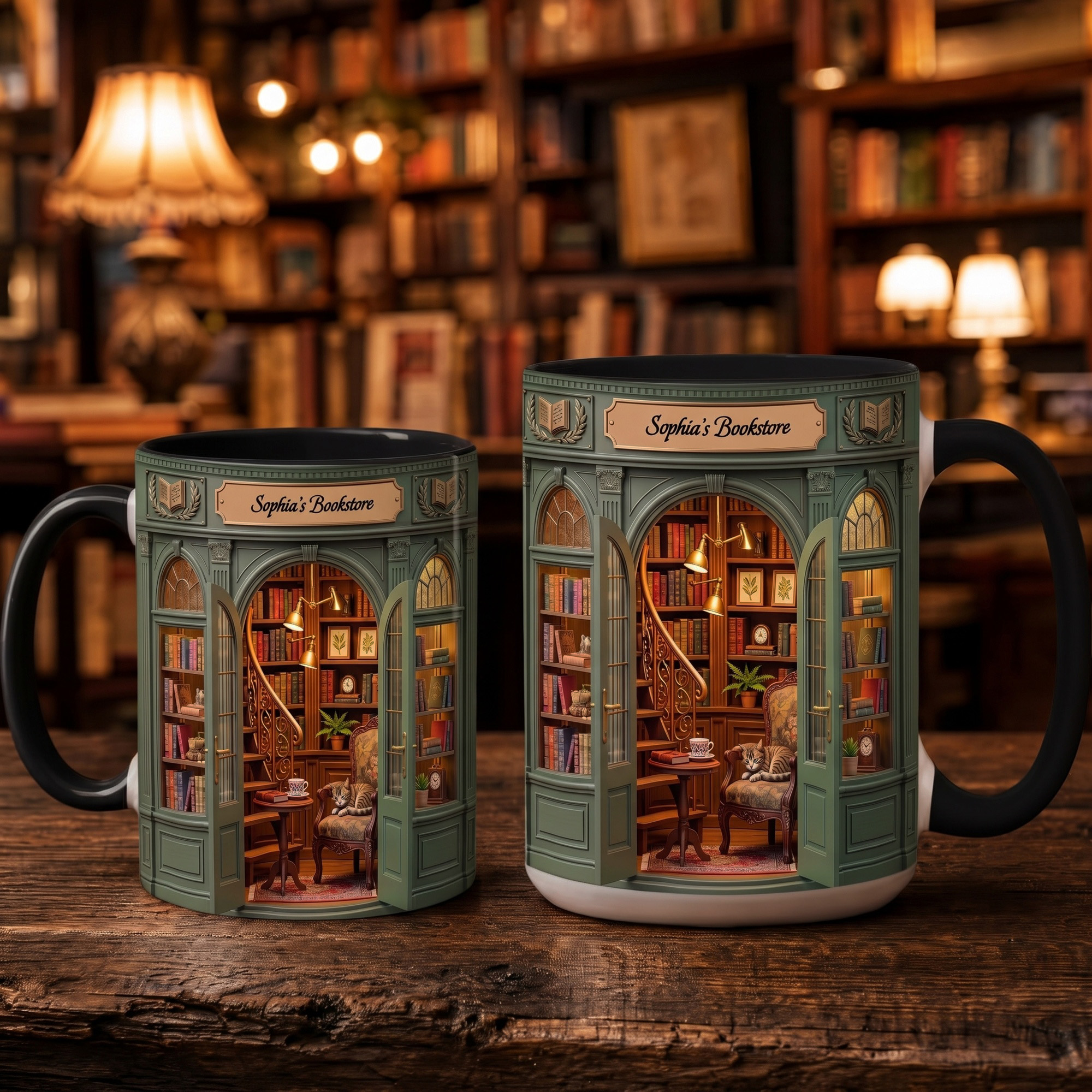 Personalisierte Keramik-Kaffeetasse mit 3D-Effekt, „Buchhandlung“, 11 oz, 15 oz, mit Text, für den täglichen Gebrauch, Geburtstagsgeschenk für Buchliebhaber und Bücherwürmer