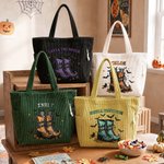 Personalized Witch Boots Bat Halloween Theme Large Capacity Corduroy Tote Bag with Name Daily Use Halloween Gift for Women Friends