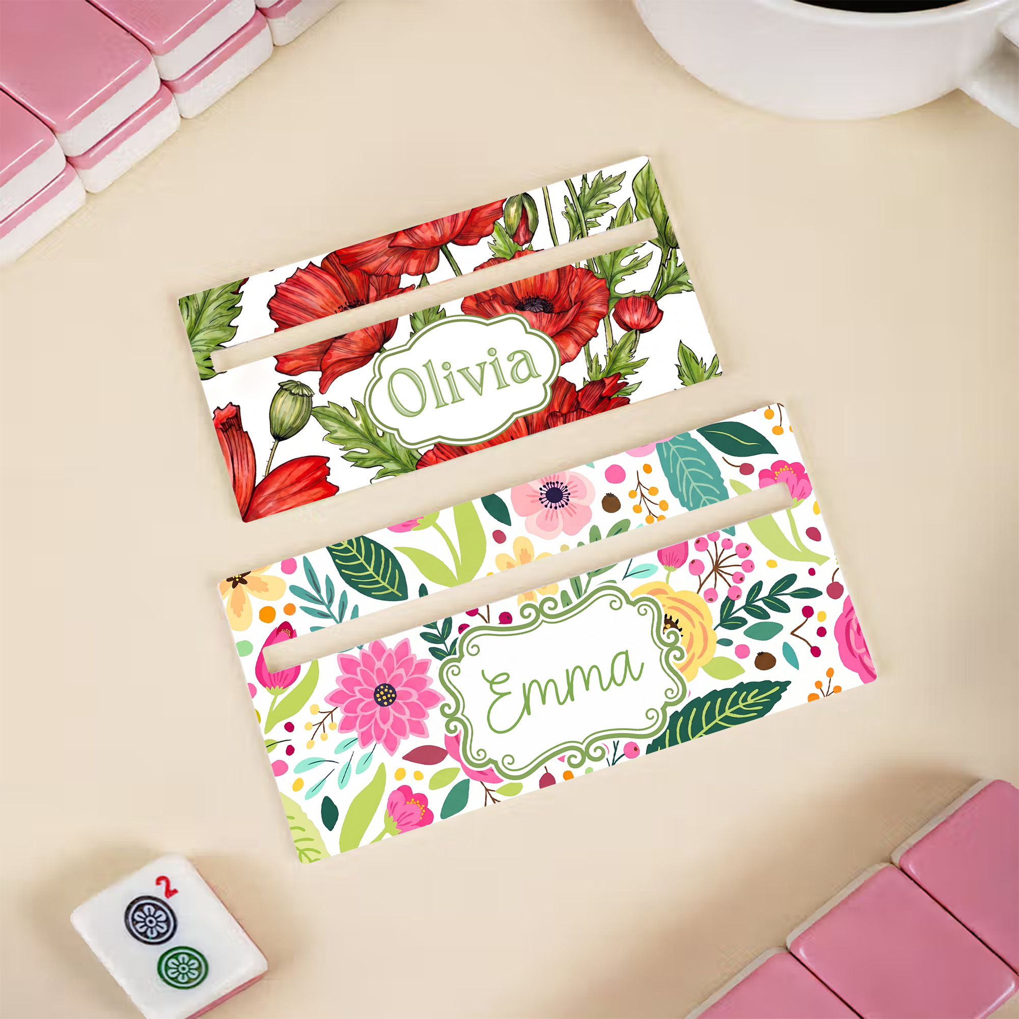 Personalisierter, farbenfroher Mahjong-Leser mit Blumenmotiv und Monogramm – Namensspiel – Geschenk für Mahjong-Fans