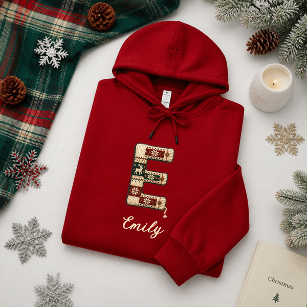 Personalized Fair Isle Style Christmas Initial Sweater Hoodie with Name Christmas Birthday Gift for Couple Family