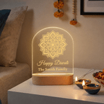 Personalized Happy Diwali Diya Calendula LED Acrylic Night Light with Text Family Name and Wooden Base Home Decor Religious Gift for Family Friends
