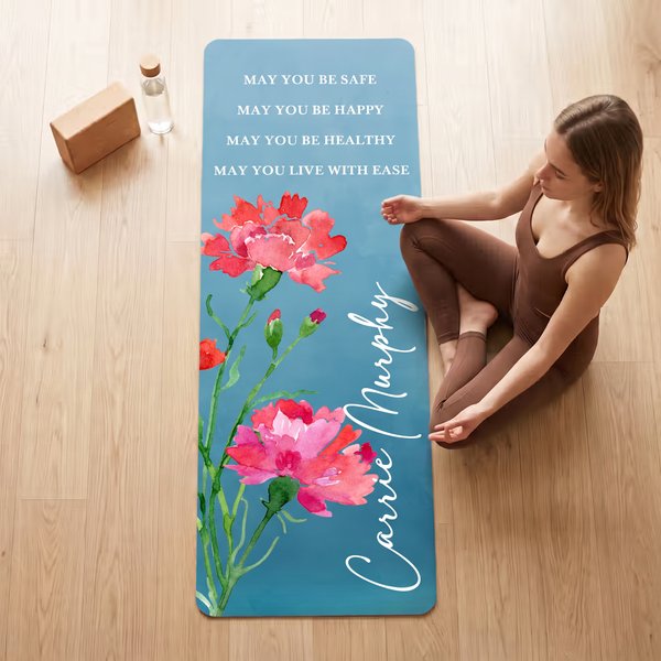 Personalised May You Be Safe Watercolor Style Birth Flower Non-Slip Yoga Mat with Name Yoga Exercise Birthday Gift for Women Yoga Lovers