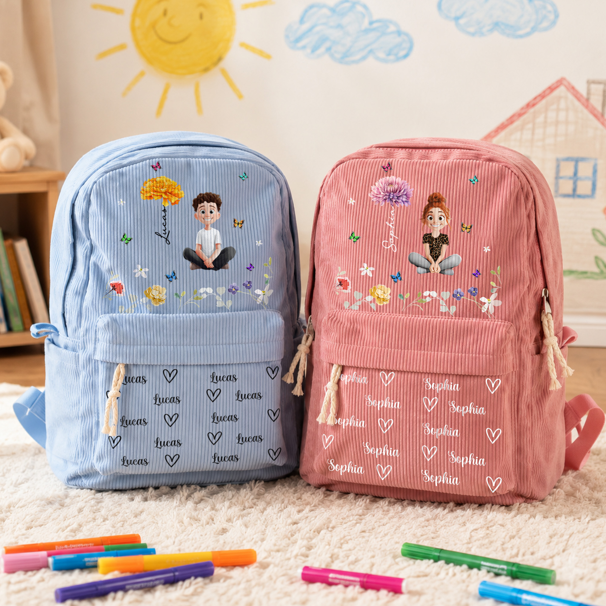 Individuell gestaltete Schulranzen aus Cord mit Cartoon-Figur, Geburtsblume und Namenszug – Geburtstags- und Schulanfangsgeschenk für Kinder und Schüler