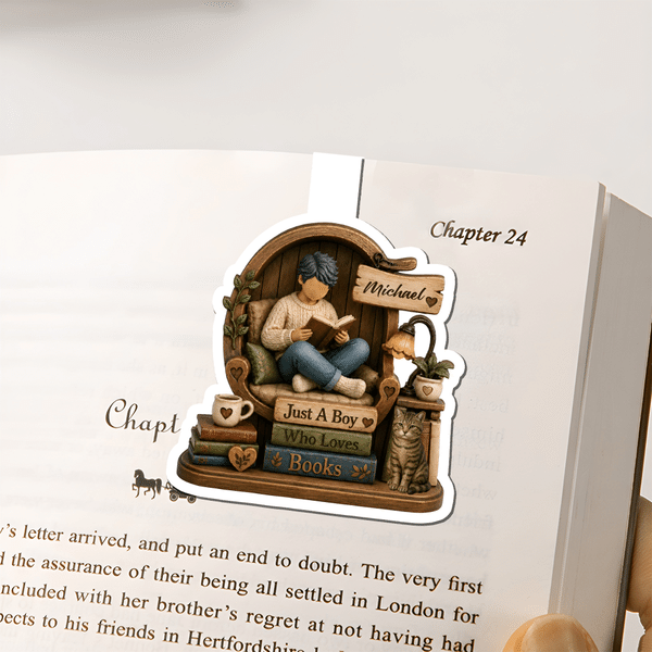 Personalized 3D-Effect Artwork Bookworm Boy Magnetic Bookmark Clip with Name Birthday Back to School Christmas Gift for Book Lover Bookworm