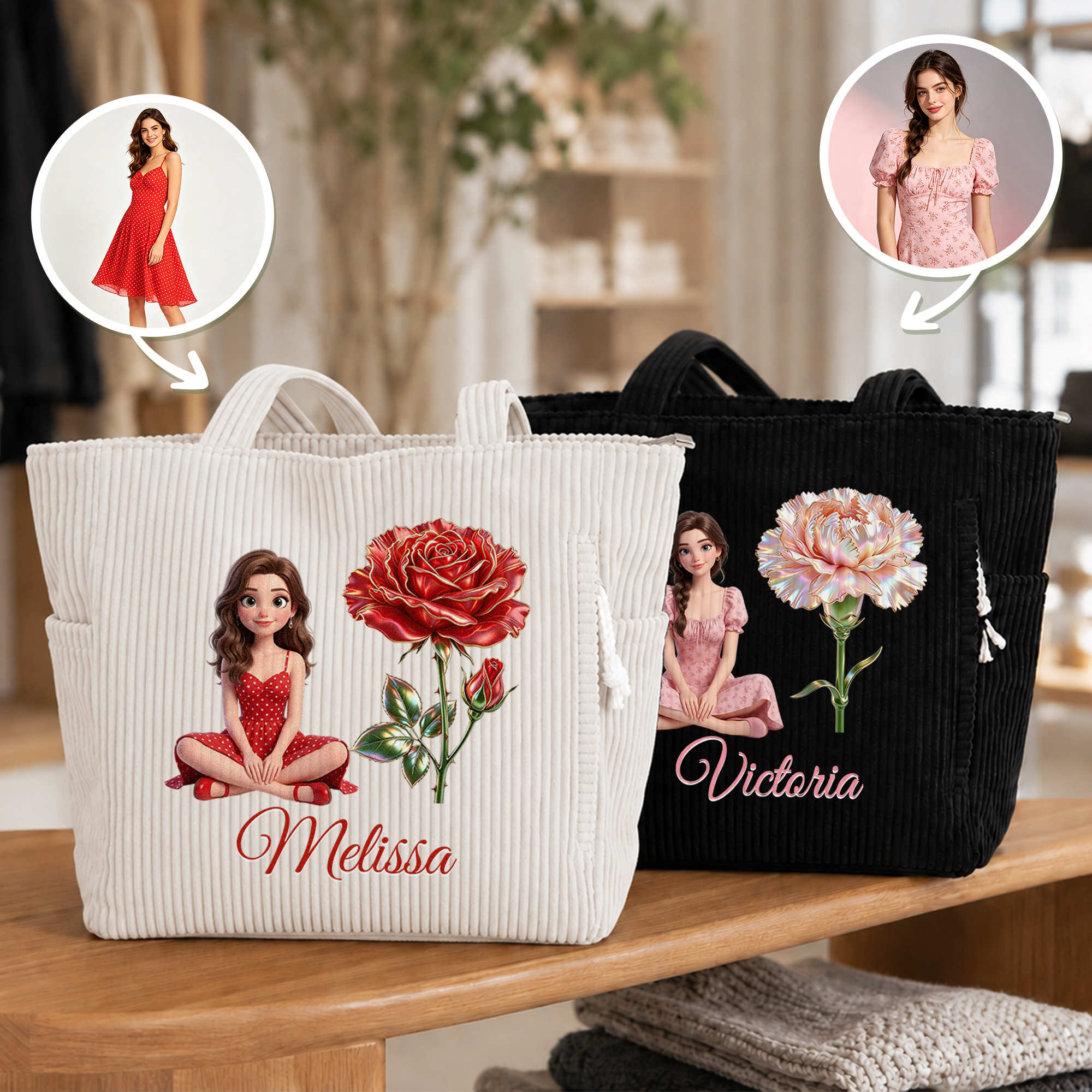 Personalisierte 3D-Effekt-Tote-Bag aus Cord mit großem Fassungsvermögen, mit Cartoon-Figur, Geburtsblume und Namensaufdruck – für den täglichen Gebrauch, als Geschäftsgeschenk für Frauen