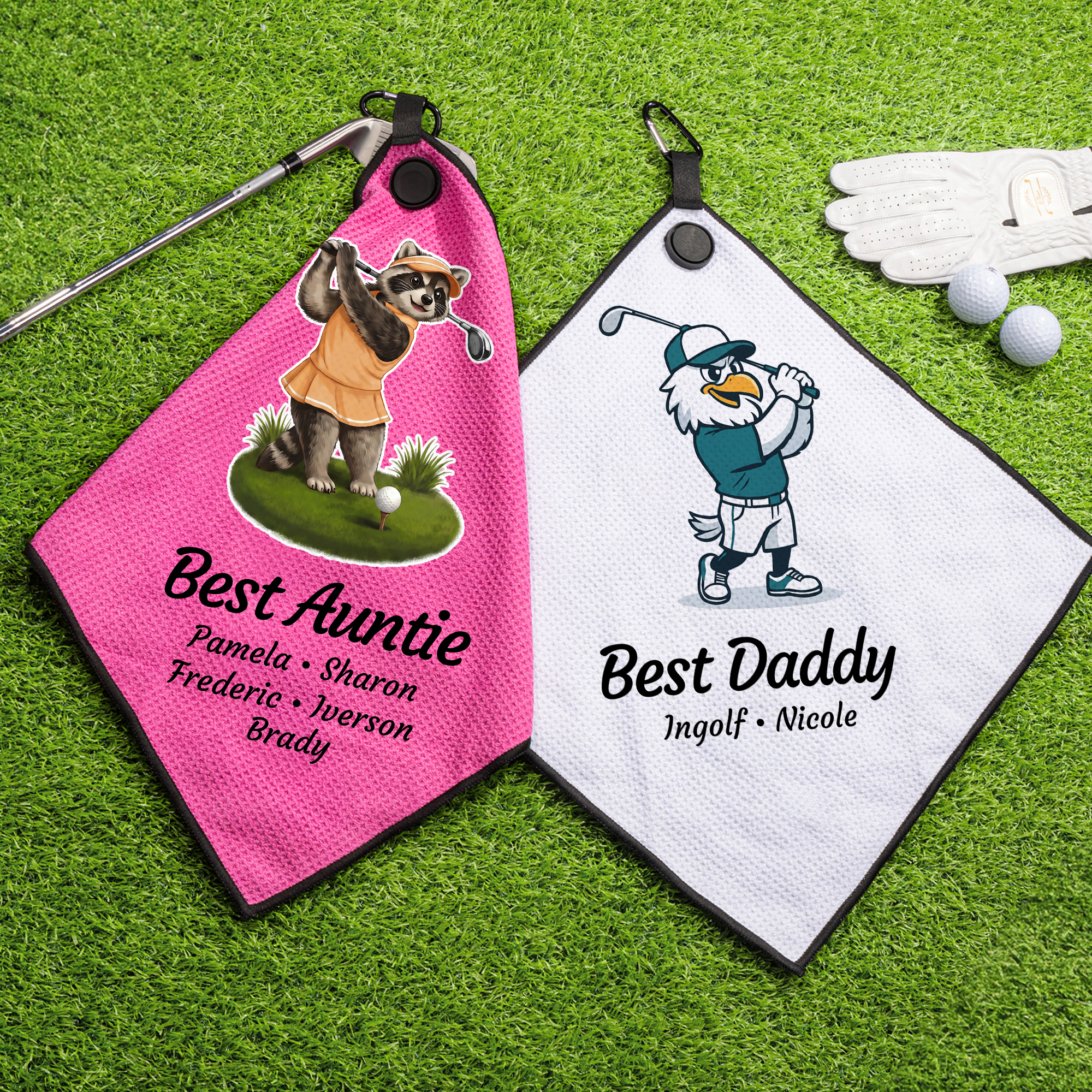 Personalisiertes, mehrfarbiges Magnet-Golfhandtuch im Cartoon-Tier-Design mit Waffelmuster, schnell trocknend, mit Namen und Aufhänger – Geburtstags-, Golf- oder Wochenendgeschenk für ein Familienmitg