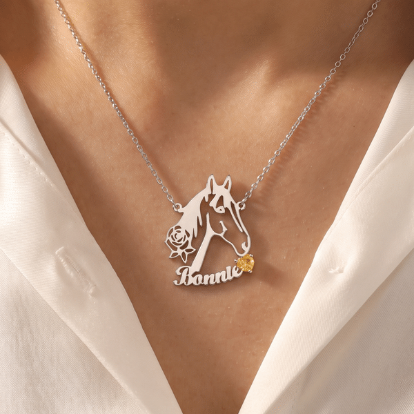 Personalised Hollow Horse Rose Sterling Silver Necklace with Name and Birthstone Dainty Jewellery Birthday Gift for Horse Lovers