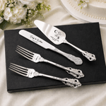 Personalized Retro Stainless Steel Cake Forks Knife Server Cutting Set with Name and Date Wedding Anniversary Gift for Bride Groom