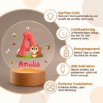 Personalisiertes Tiermotiv-LED-Nachtlicht mit Initiale und Namen | mit Holzsockel | Wohnaccessoire | Schulanfangs- und Geburtstagsgeschenk für Kinder