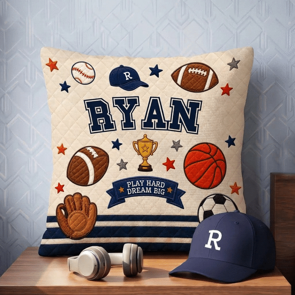 Personalised Sports Cartoon Ball Faux Quilted Pattern Soft Cosy Cushion Cover with Name Home Decor Birthday Christmas Gift for Boys Teens