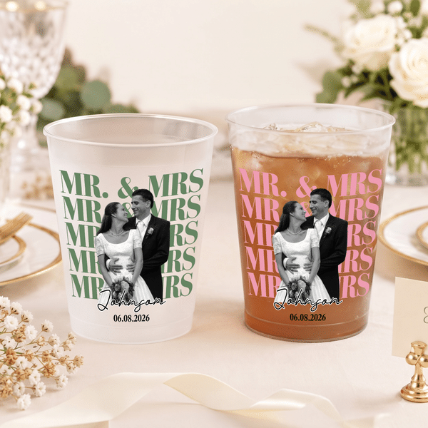 Personalized Mr Mrs Black and White Photo Frosted Plastic Cups with Name and Date Set of 10 Wedding Party Anniversary Gift for Couple