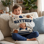 Personalised Sports Cartoon Ball Faux Quilted Pattern Soft Cosy Cushion Cover with Name Home Decor Birthday Christmas Gift for Boys Teens