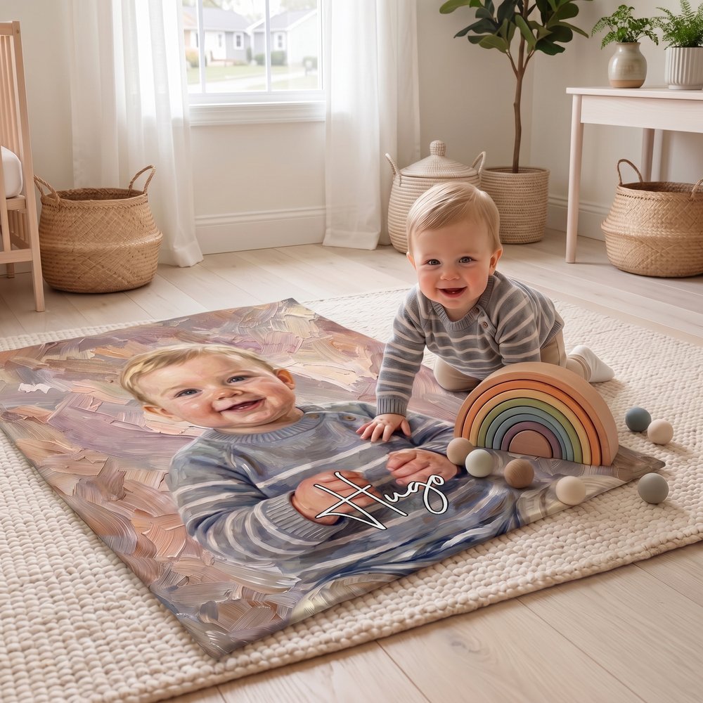 Personlig mjuk filt med namn och foto i oljemålningsstil en mysig pläd och inredningsdetalj perfekt present till familjen
