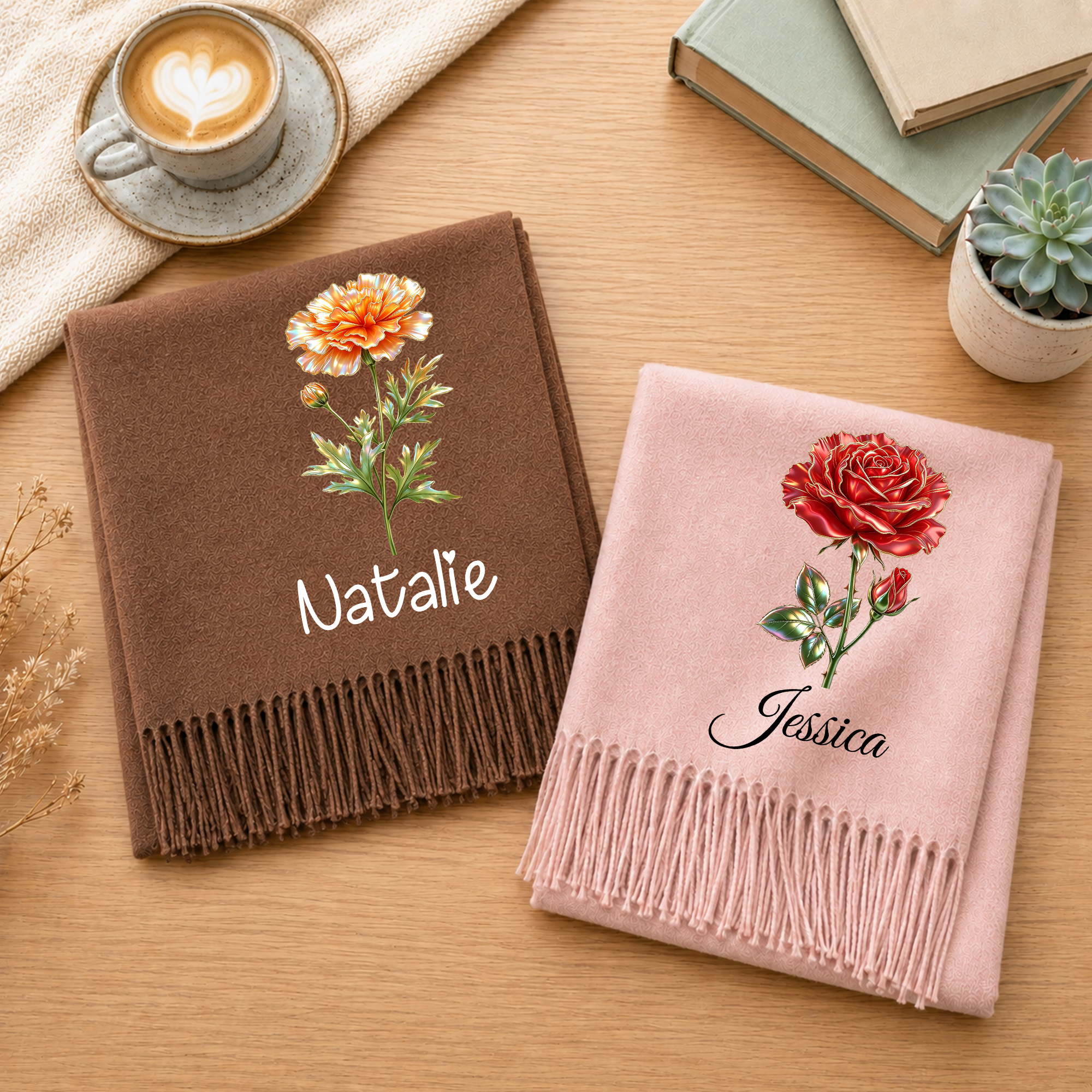Personalisierter, mehrfarbiger Schal mit Geburtsblume, weichem, warmem Quastenschal und Namenszug – Alltagsaccessoire für den Winter, Weihnachts- und Geburtstagsgeschenk für Frauen