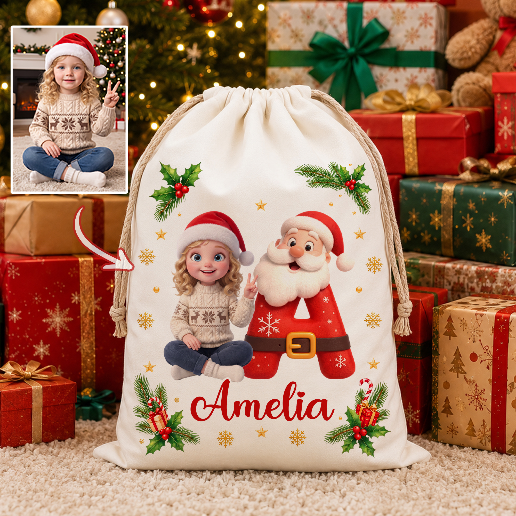 Personalisierte Fotoleinwand im 3D-Stil mit Charaktermotiv, Geschenktüte mit Kordelzug, mit Initiale und Namen – Weihnachtsgeschenk für Jungen und Mädchen