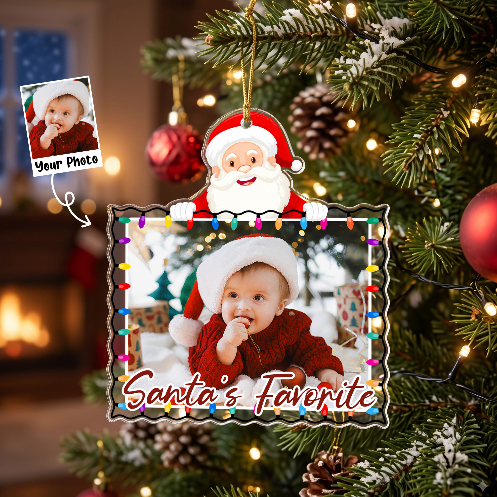 Personalisierte Lichterkette – „Das Lieblingsfoto des Weihnachtsmanns“ – Baumschmuck aus klarem Acryl – Weihnachtsgeschenk für Familie, Freunde und Kinder
