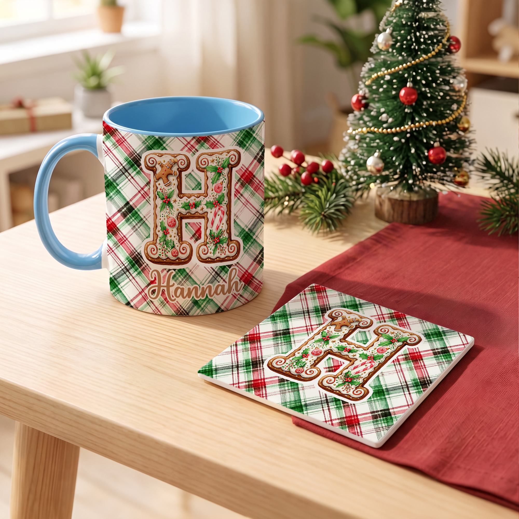 Personalisierte Keramiktasse mit Initialen, schottischem Karomuster, 11 oz und 15 oz, mit Namen und Untersetzer – für den täglichen Gebrauch, Weihnachtsgeschenk für Familie und Freunde