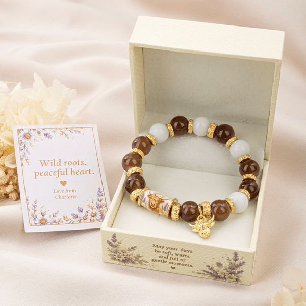 Personalized Highland Cow Beaded Bracelet Gift Box Card Set with Name and Text Birthday Anniversary Gift for Women Highland Cow Lovers