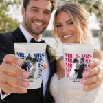 Personalized Mr Mrs Black and White Photo Frosted Plastic Cups with Name and Date Set of 10 Wedding Party Anniversary Gift for Couple
