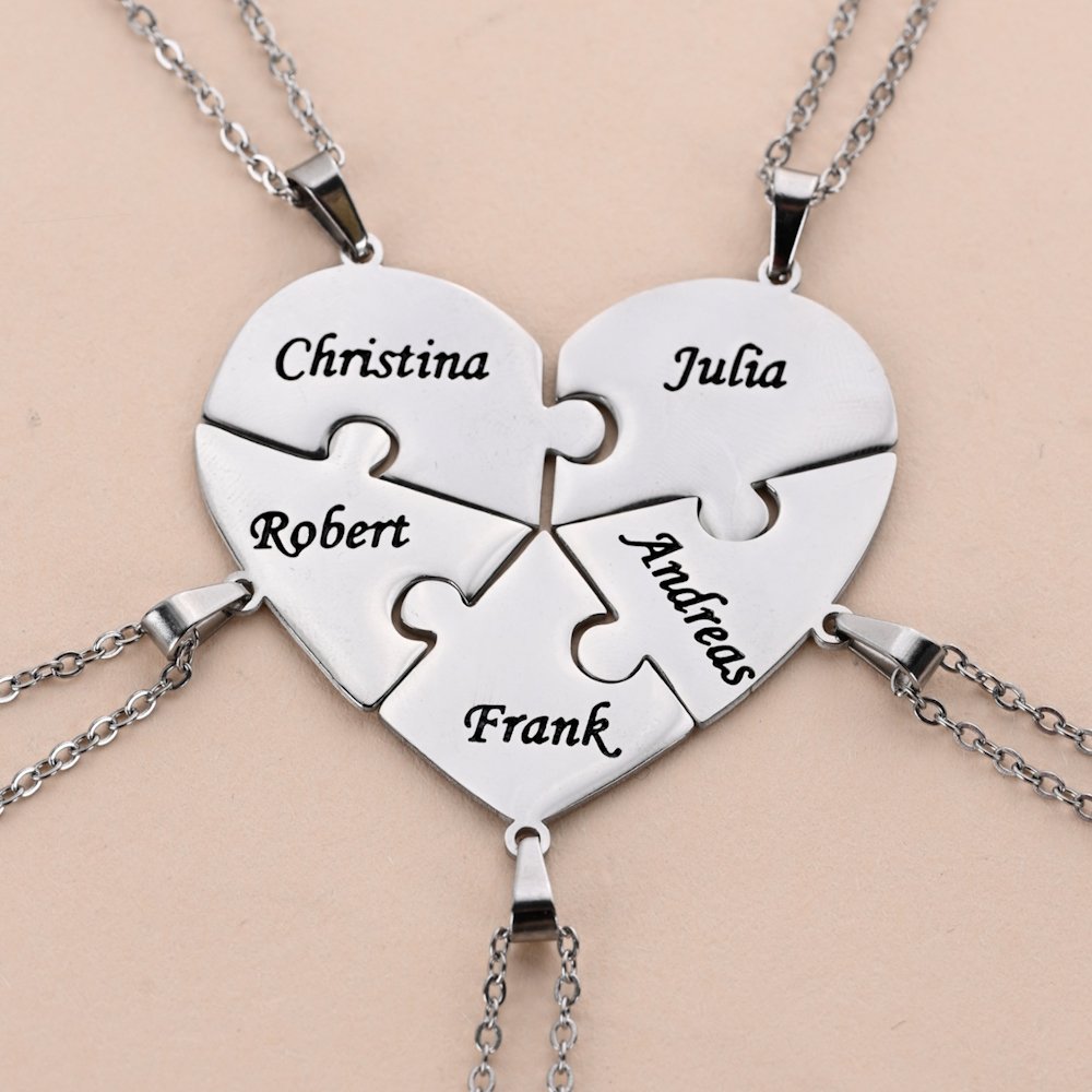 Personalised Exquisite Heart Puzzle 2-8 Pcs Necklace with Engraved Names Birthday Anniversary Mother's Day Gift for Family Friends Couples 4
