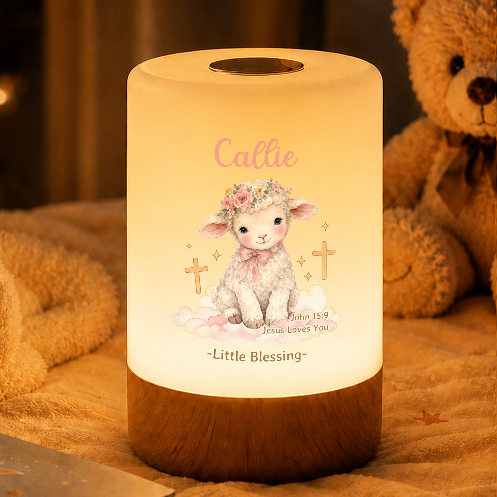 Individuell gestaltetes, wiederaufladbares Nachtlicht mit Touch-Bedienung und christlichem Bibelvers zum Thema Lamm, mit Namen – Deko für das Kinderzimmer, Geburtstagsgeschenk für Kinder, Christen und