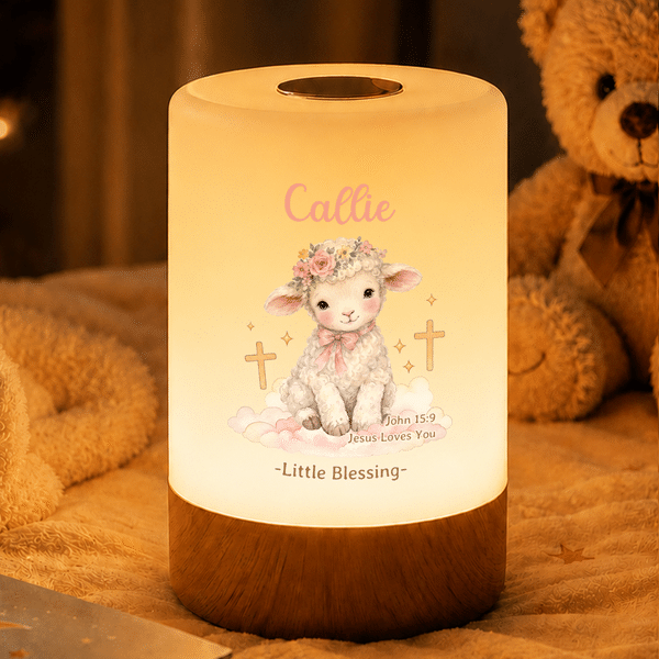Lampada da notte personalizzata con versetto cristiano sull'agnello, ricaricabile, con comando touch e nome; decorazione per la cameretta, regalo di compleanno per bambini, cristiani e amici