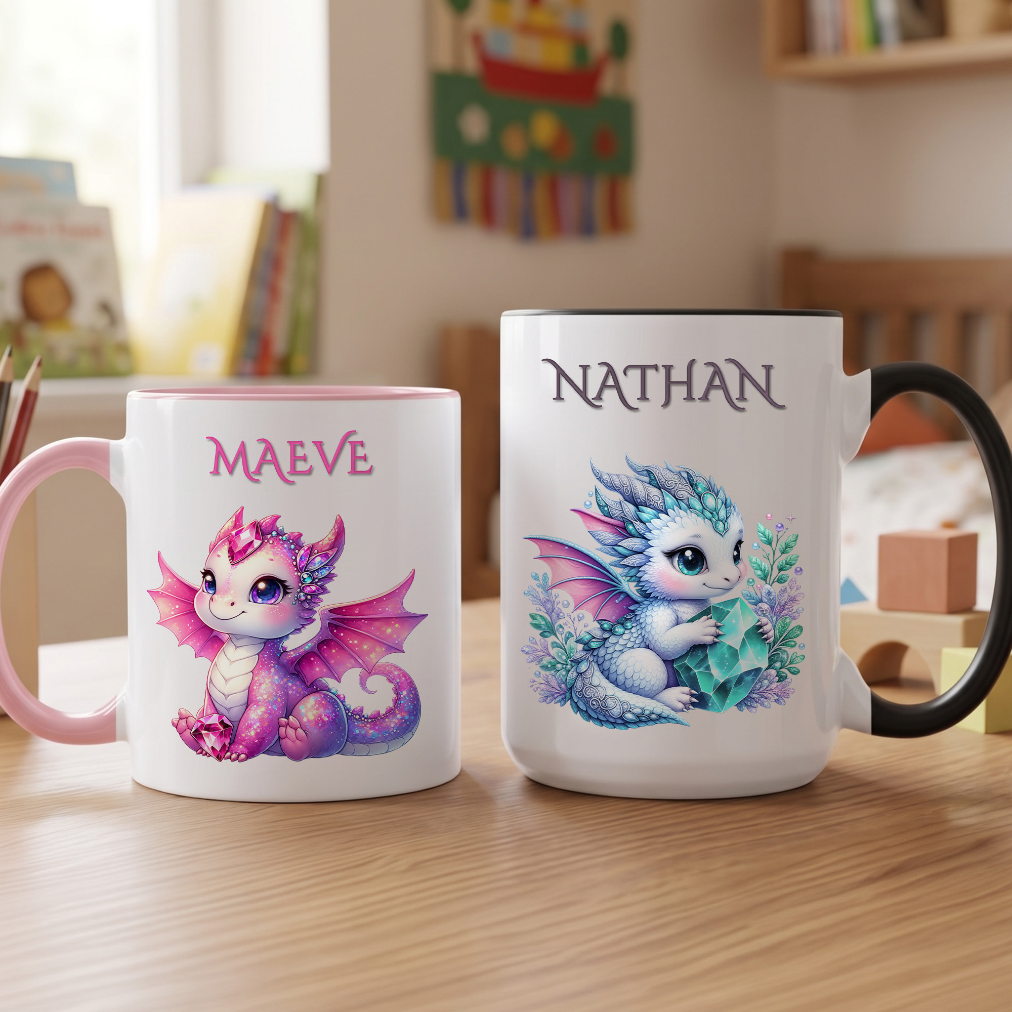 Personalisierte Keramiktasse mit Geburtsstein und Drachenmotiv, 11 oz oder 15 oz, mit Namen – Geburtstagsgeschenk für Kinder, die Drachen lieben