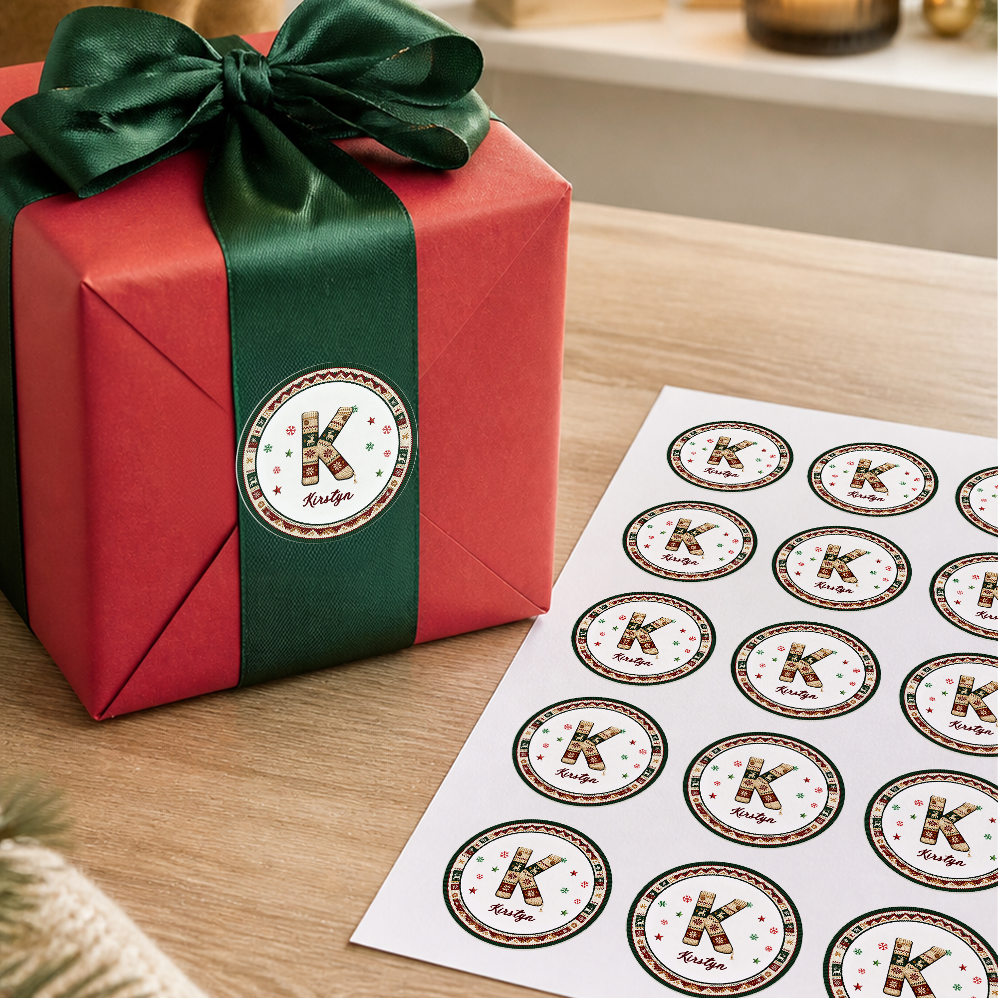 Individuell gestalteter, wasserdichter Aufkleber mit Fair-Isle-Strickmuster und Initialen sowie Namenszug – Geschenkdekoration, Weihnachtsfeier-Geschenk für Familie und Kinder