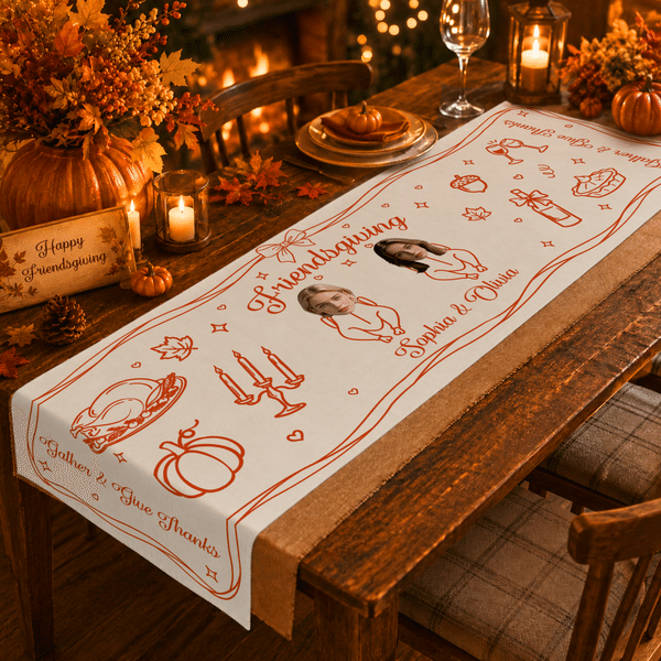 Personalized 2-10 Face Photos Table Runner with Family Name and Text Home Decoration Autumn Thanksgiving Friendsgiving Party Gift for Families Friends