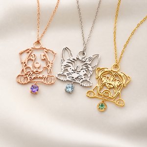 Personalised Dog Breed Silhouette Birthstone Necklace with Name Dainty Jewellery Birthday Anniversary Gift for Dog Pet Lovers