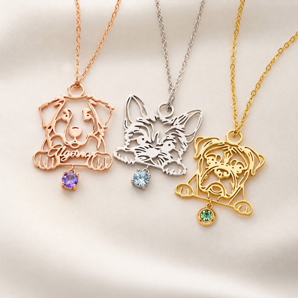 Personalised Dog Breed Silhouette Birthstone Necklace with Name Dainty Jewellery Birthday Anniversary Gift for Dog Pet Lovers