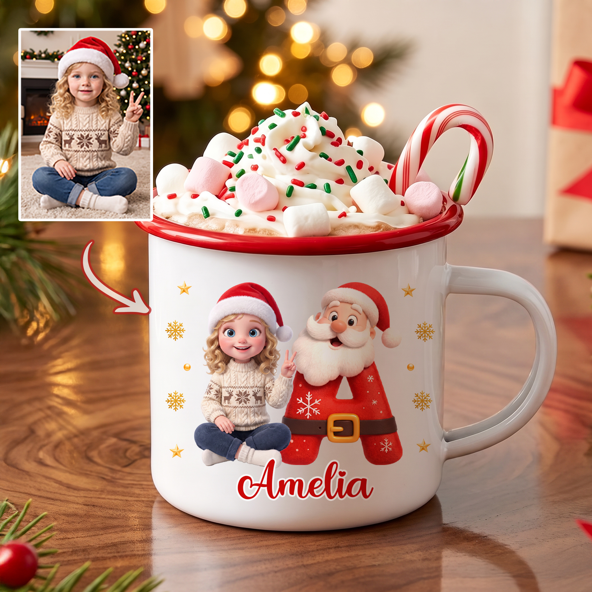 Personalisierte 3D-Stil-Kunst-Cartoon-Figur-Foto-Initialen-Emaille-Tasse (12 oz) mit Namen – Weihnachtsgeschenk für Kinder und Freunde