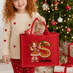 Personalised 3D-Effect Art Cartoon Character Photo Red Jute Tote Bag with Name and Initial Christmas Eve Party Gift for Girls Boys